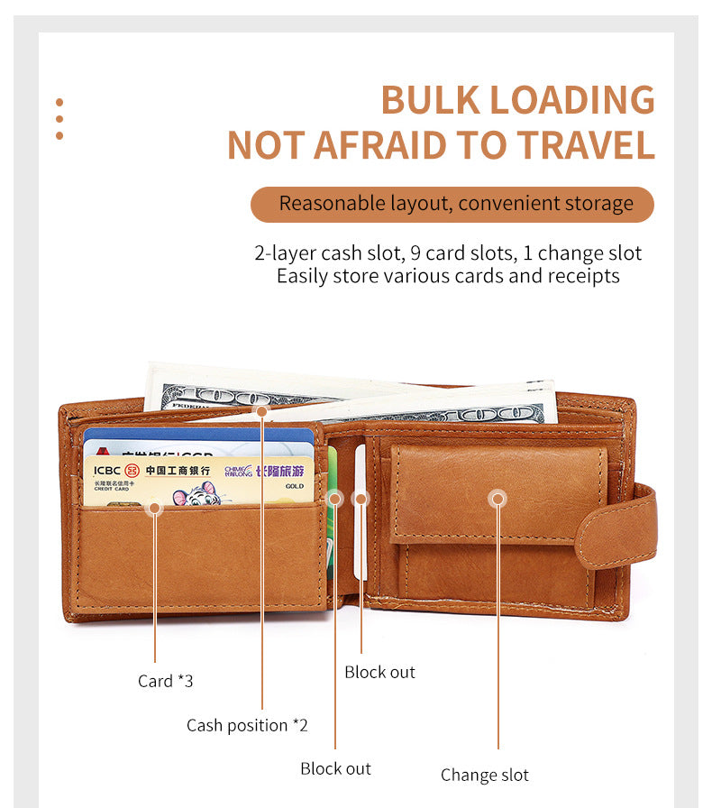 RFID anti-theft men's wallet, cowhide multi-functional wallet, European and American style casual wallet