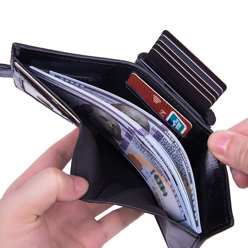 RFID anti-theft leather card holder, men's multi-card slot aluminum alloy automatic pop-out card holder.