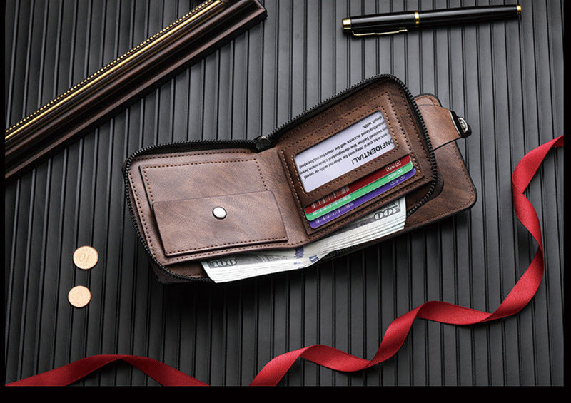 Men's Short Wallet, European and American Style, Multifunctional Wallet, Zipper Buckle, Card Holder, Wholesale, Credit Card