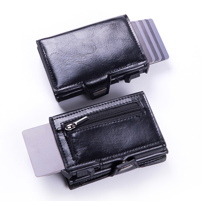 RFID anti-theft leather card holder, men's multi-card slot aluminum alloy automatic pop-out card holder.