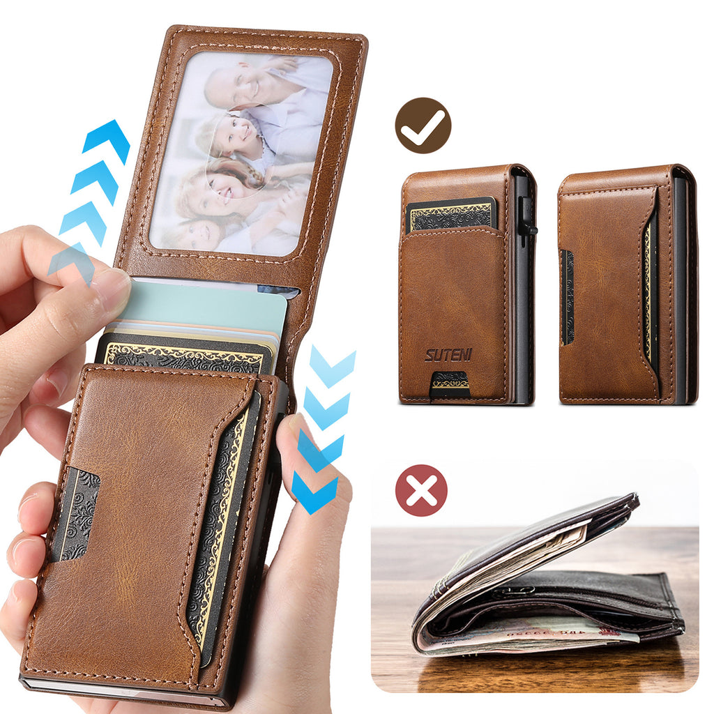 Flip-top card slot, photo frame wallet, button, portable card holder, automatic card ejection, PU leather.