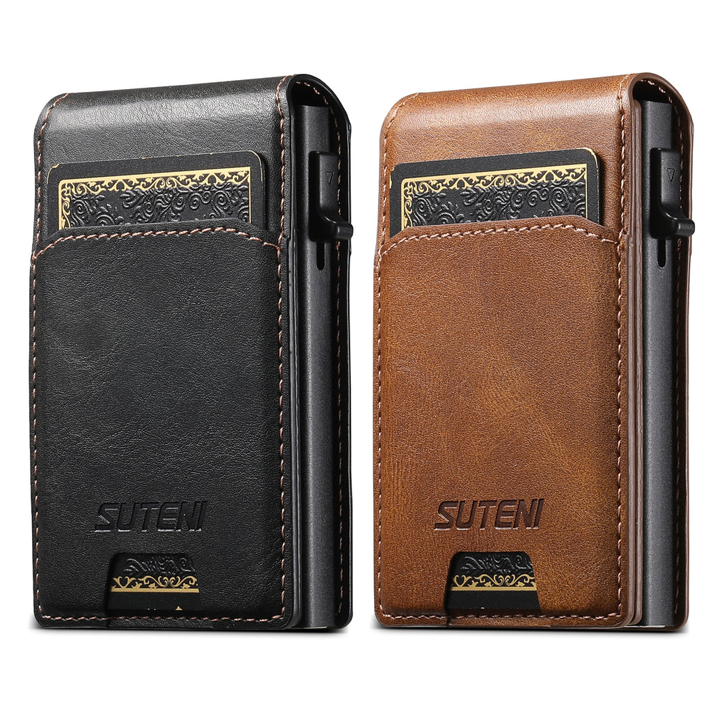 Flip-top card slot, photo frame wallet, button, portable card holder, automatic card ejection, PU leather.