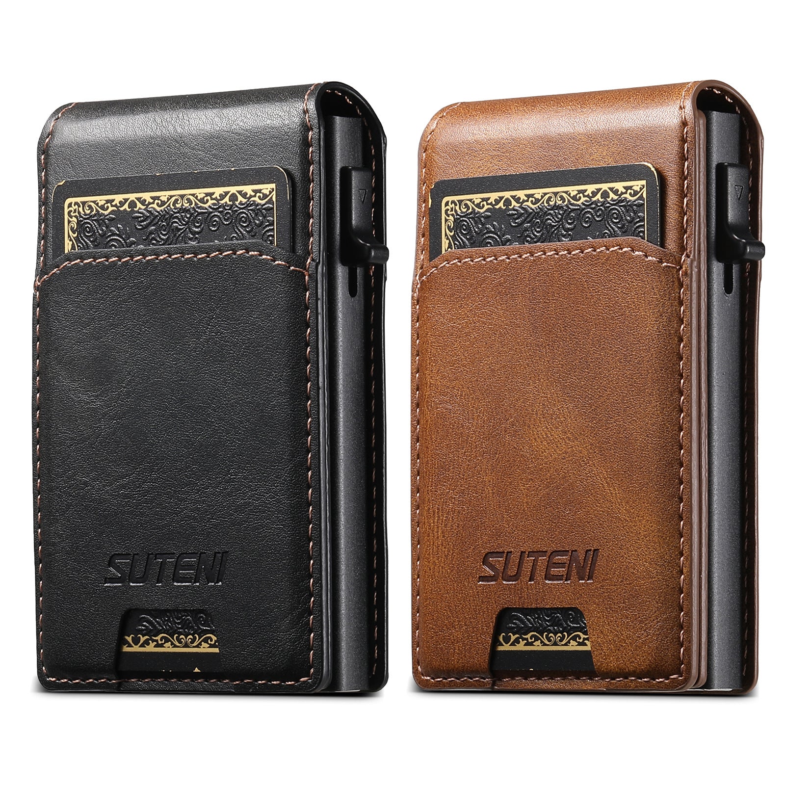 Flip-top card slot, photo frame wallet, button, portable card holder, automatic card ejection, PU leather.
