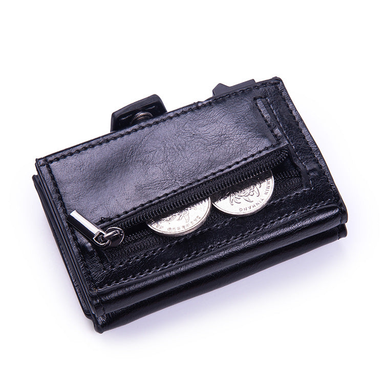 RFID anti-theft leather card holder, men's multi-card slot aluminum alloy automatic pop-out card holder.