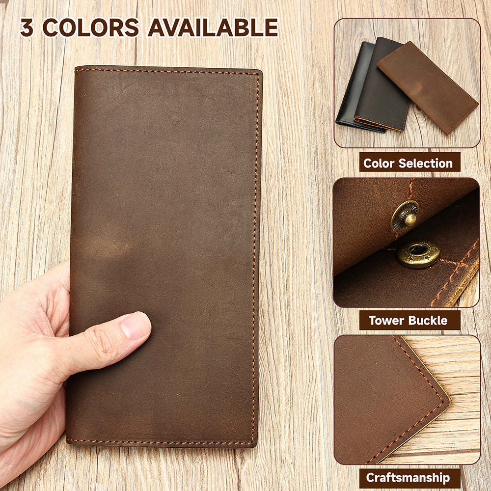 Men's leather wallet with multiple card slots, large capacity, long design, double zipper, vintage style, crazy horse leather clutch.