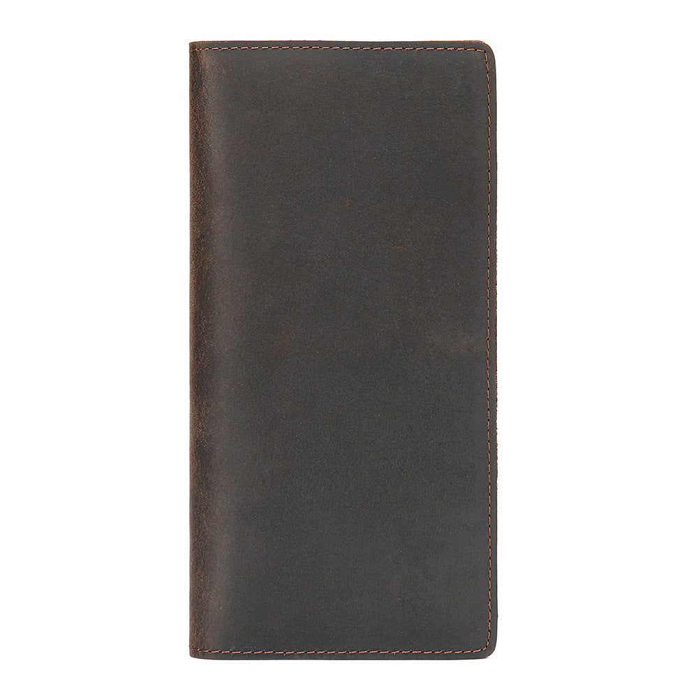 Men's leather wallet with multiple card slots, large capacity, long design, double zipper, vintage style, crazy horse leather clutch.