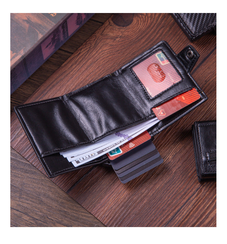 RFID anti-theft leather card holder, men's multi-card slot aluminum alloy automatic pop-out card holder.