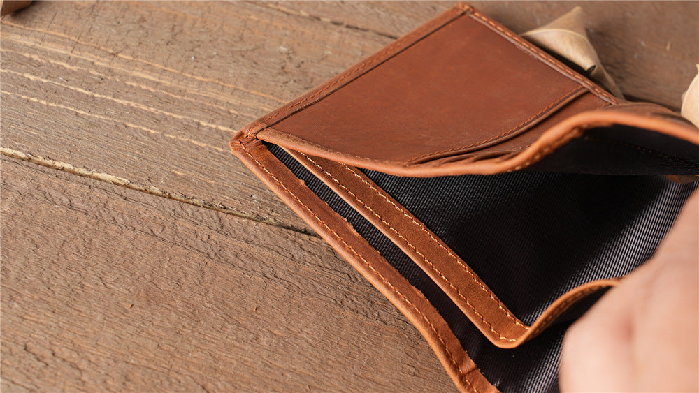Anti-magnetic, anti-theft, RFID, men's retro crazy horse genuine leather wallet, purse, card holder, ultra-thin horizontal style