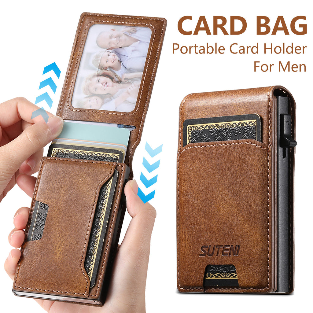 Flip-top card slot, photo frame wallet, button, portable card holder, automatic card ejection, PU leather.