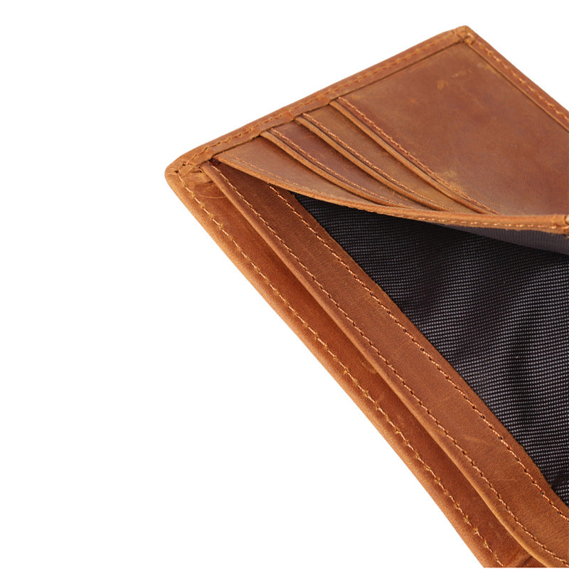 Anti-magnetic, anti-theft, RFID, men's retro crazy horse genuine leather wallet, purse, card holder, ultra-thin horizontal style