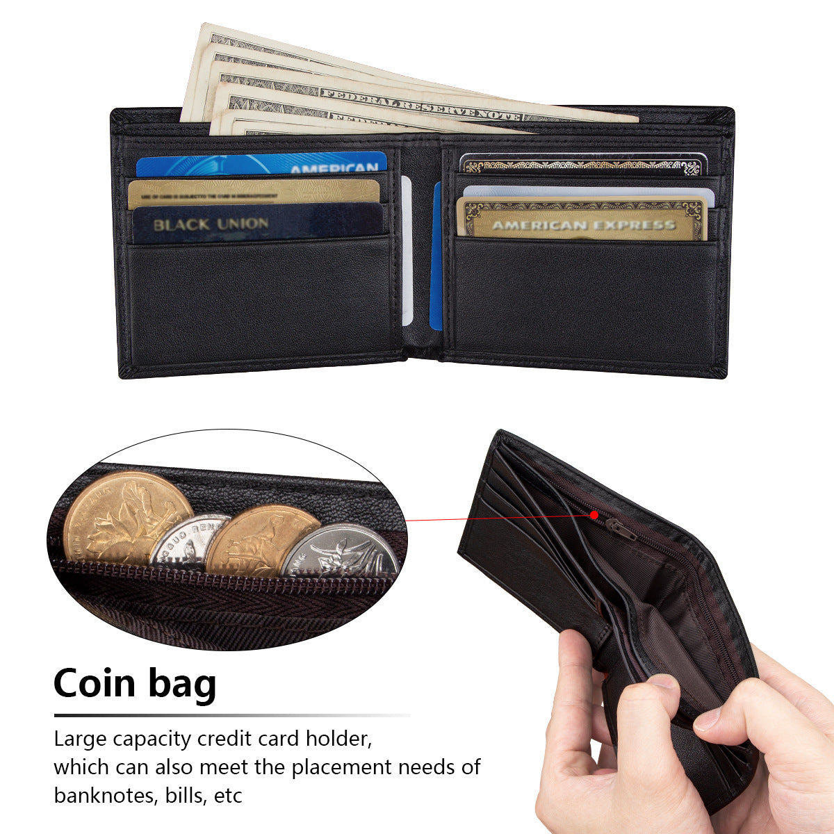 Men's wallet made of top-grain cowhide and Nappa leather, multi-card slot credit card holder, short wallet with zippered coin pocket.