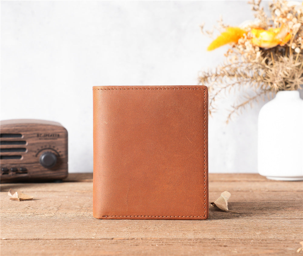 Anti-magnetic, anti-theft, RFID, men's retro crazy horse genuine leather wallet, purse, card holder, ultra-thin horizontal style