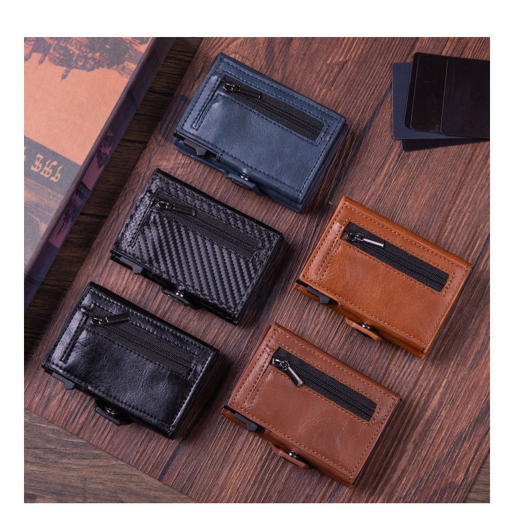 RFID anti-theft leather card holder, men's multi-card slot aluminum alloy automatic pop-out card holder.
