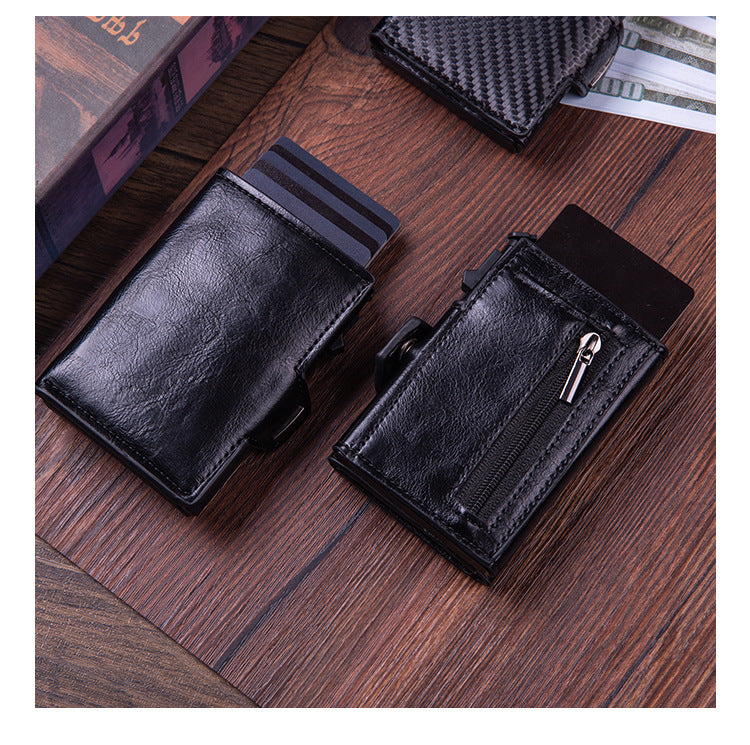 RFID anti-theft leather card holder, men's multi-card slot aluminum alloy automatic pop-out card holder.