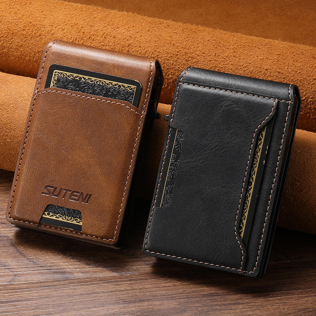 Flip-top card slot, photo frame wallet, button, portable card holder, automatic card ejection, PU leather.