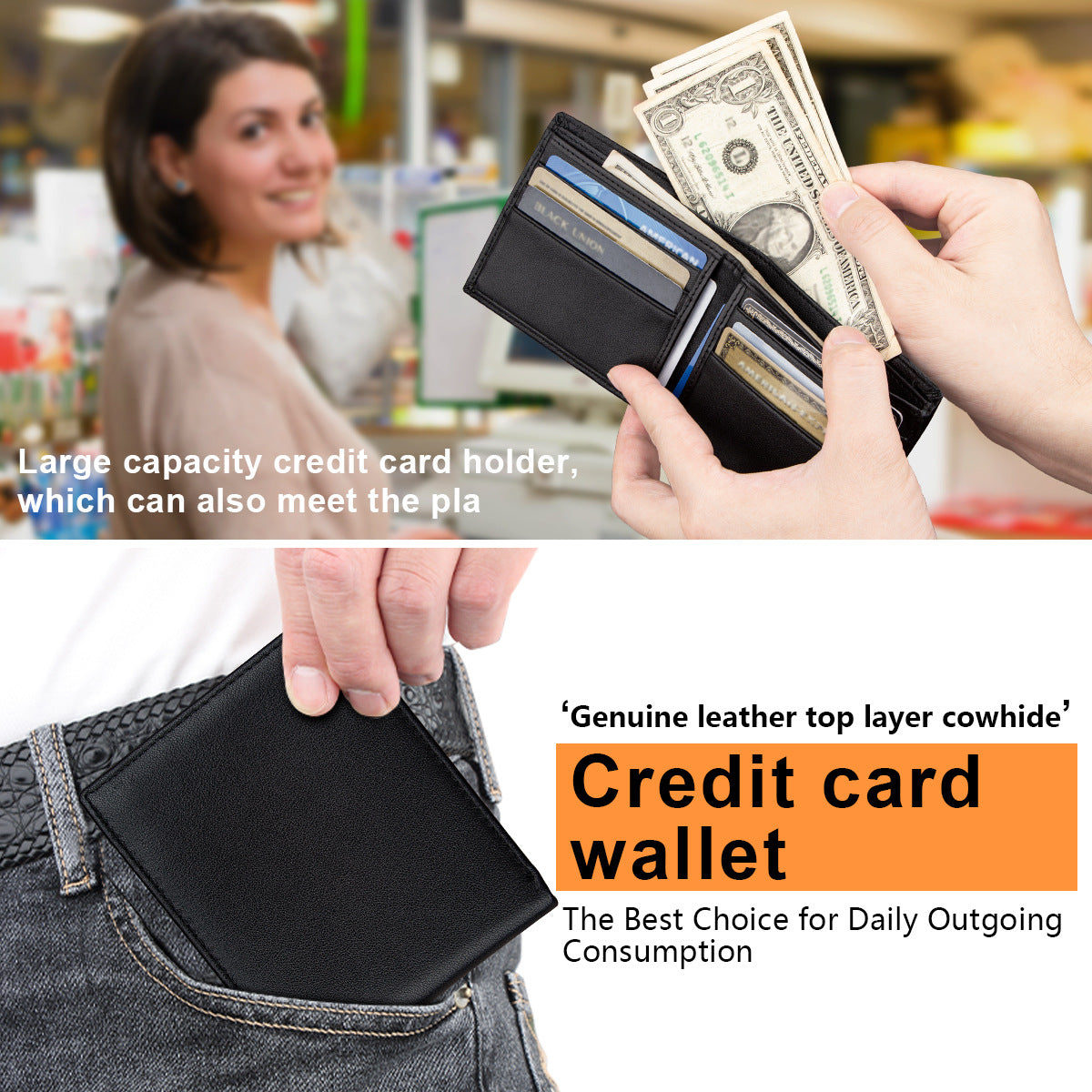 Men's wallet made of top-grain cowhide and Nappa leather, multi-card slot credit card holder, short wallet with zippered coin pocket.