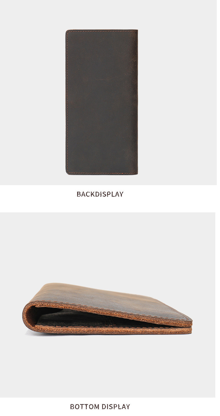 Men's leather wallet with multiple card slots, large capacity, long design, double zipper, vintage style, crazy horse leather clutch.