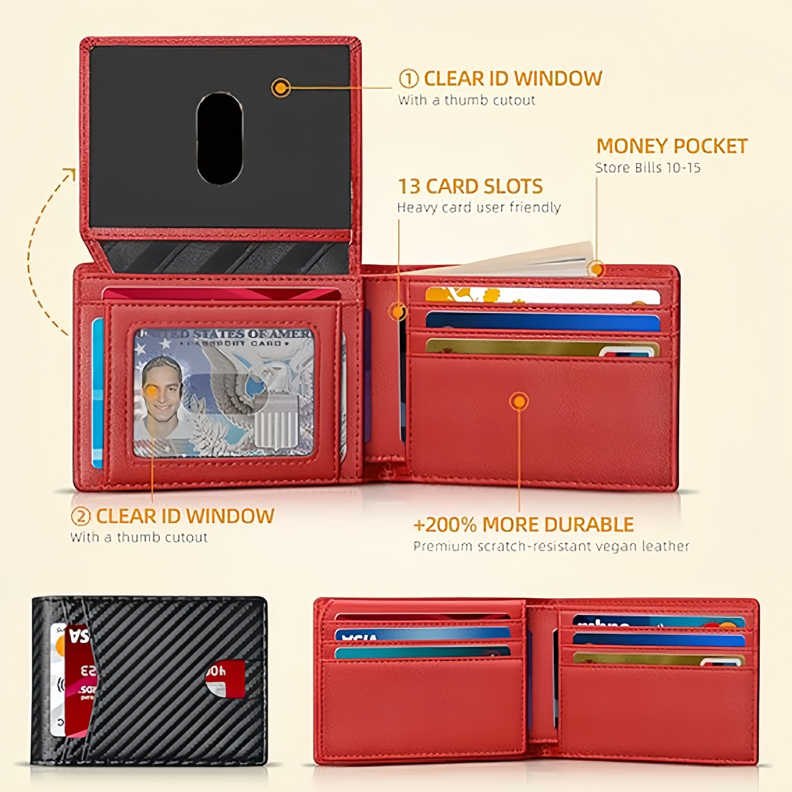 Carbon fiber flip wallet, double-fold edge short microfiber wallet, RFID anti-theft men's wallet