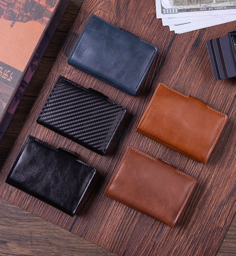RFID anti-theft leather card holder, men's multi-card slot aluminum alloy automatic pop-out card holder.