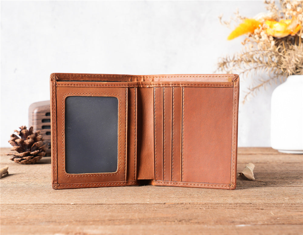 Anti-magnetic, anti-theft, RFID, men's retro crazy horse genuine leather wallet, purse, card holder, ultra-thin horizontal style