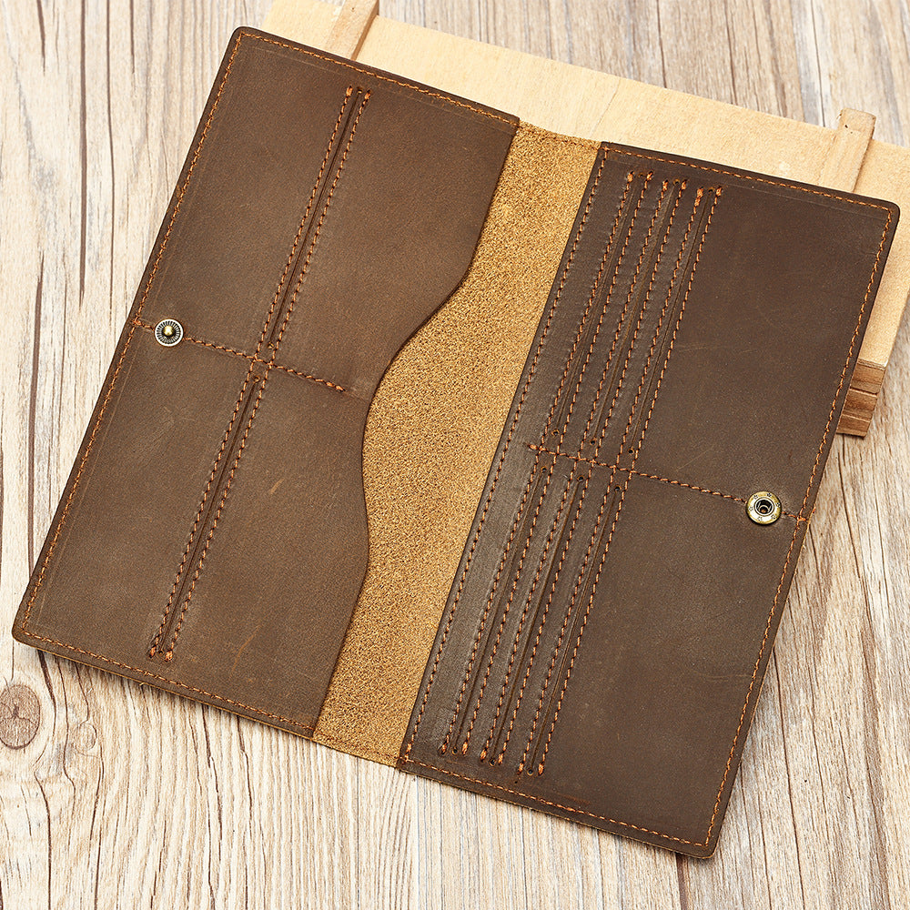 Men's leather wallet with multiple card slots, large capacity, long design, double zipper, vintage style, crazy horse leather clutch.