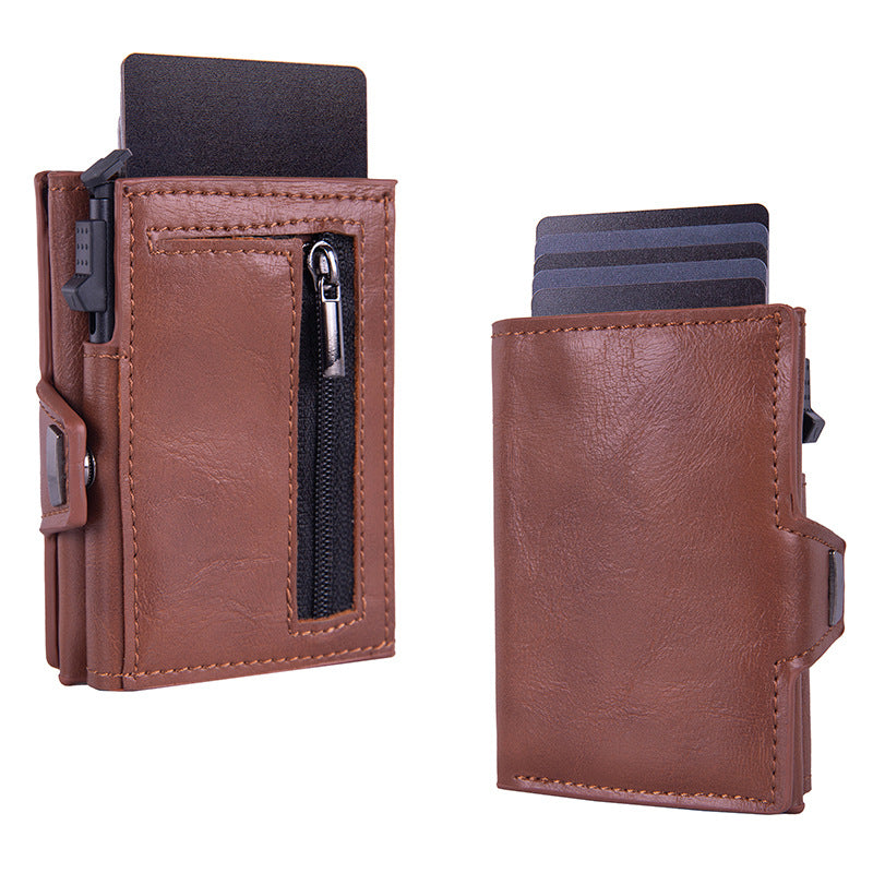 RFID anti-theft leather card holder, men's multi-card slot aluminum alloy automatic pop-out card holder.