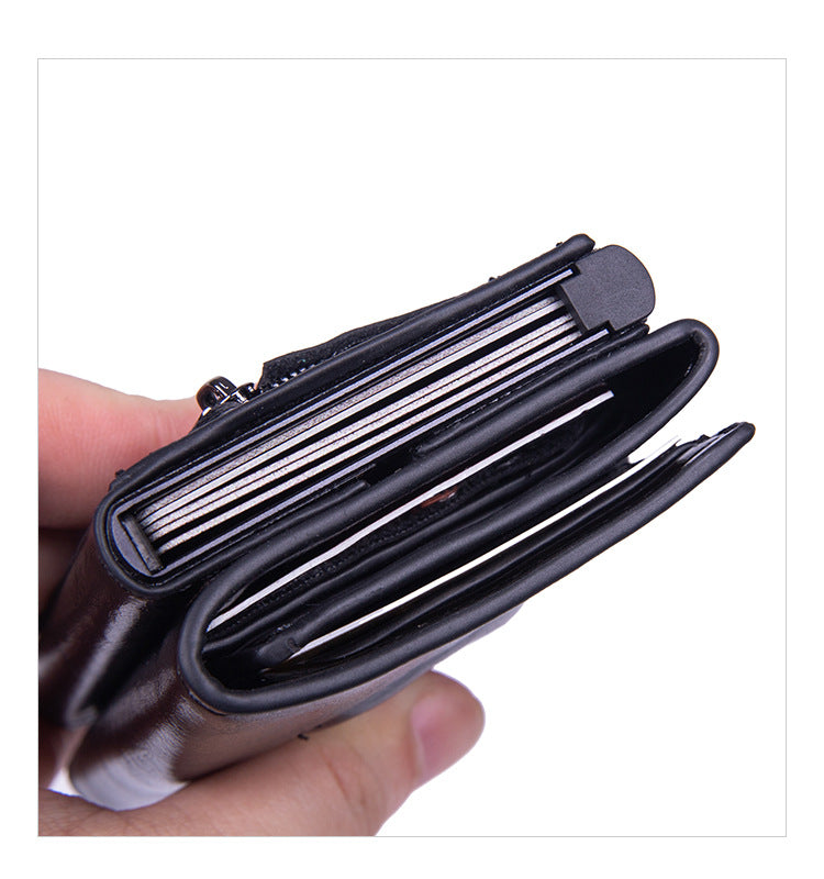 RFID anti-theft leather card holder, men's multi-card slot aluminum alloy automatic pop-out card holder.