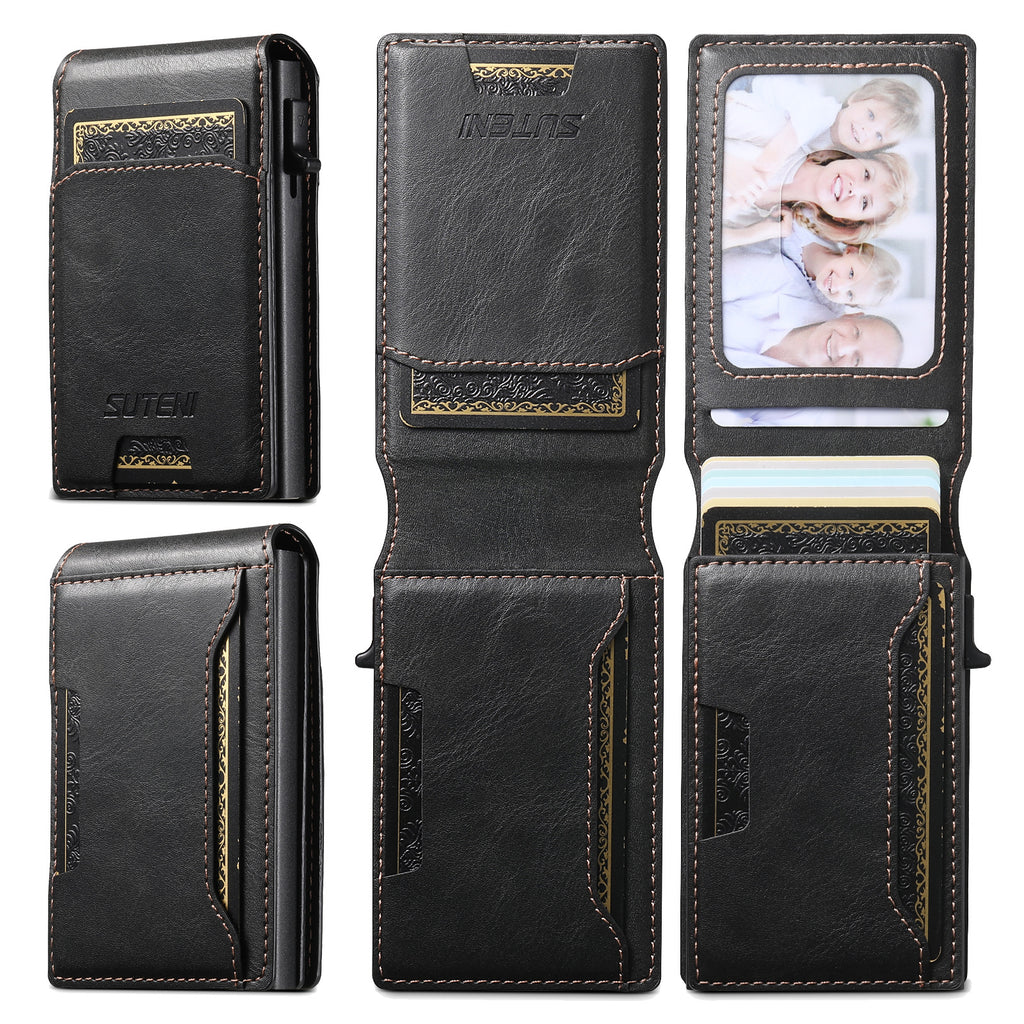 Flip-top card slot, photo frame wallet, button, portable card holder, automatic card ejection, PU leather.