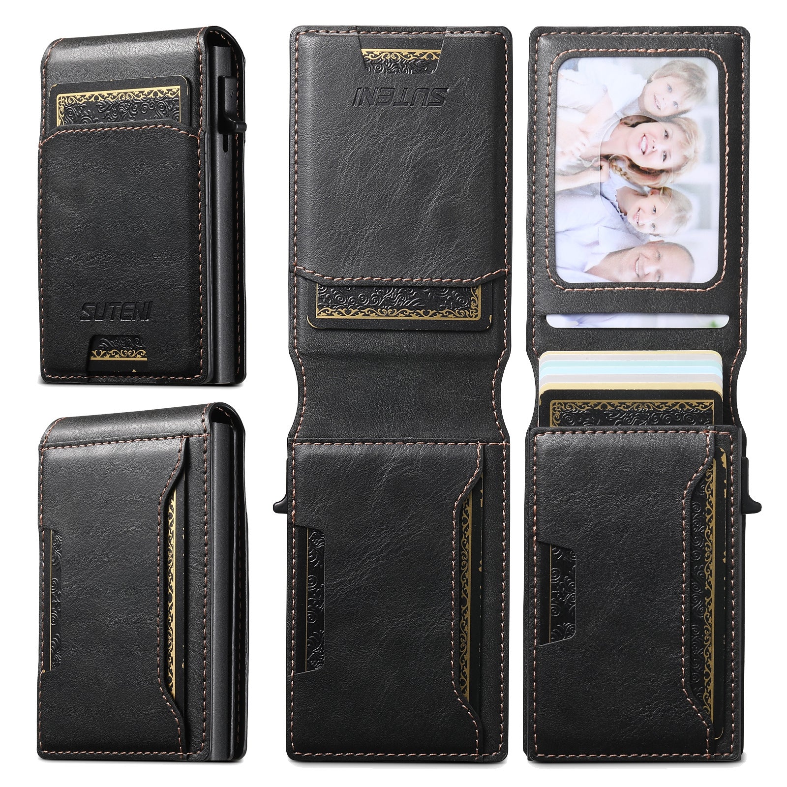 Flip-top card slot, photo frame wallet, button, portable card holder, automatic card ejection, PU leather.
