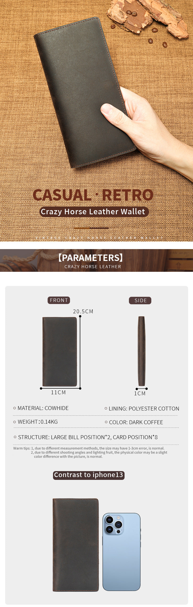 Men's leather wallet with multiple card slots, large capacity, long design, double zipper, vintage style, crazy horse leather clutch.