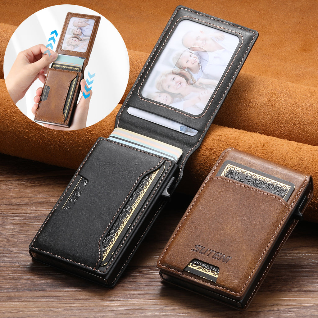 Flip-top card slot, photo frame wallet, button, portable card holder, automatic card ejection, PU leather.