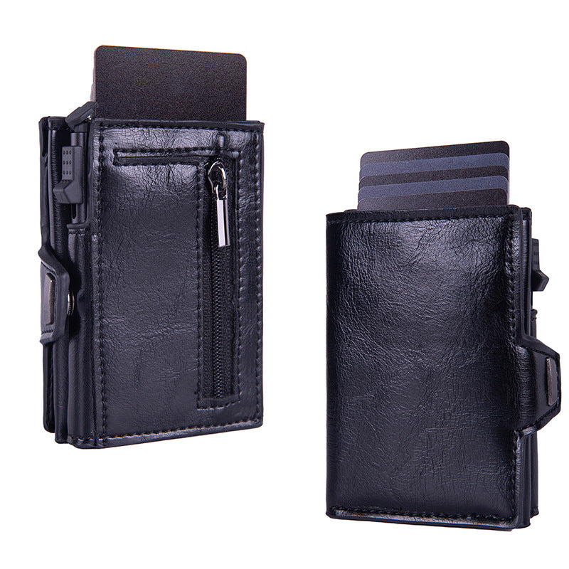 RFID anti-theft leather card holder, men's multi-card slot aluminum alloy automatic pop-out card holder.