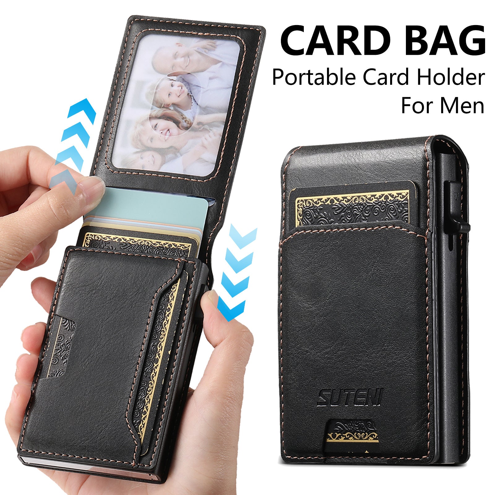 Flip-top card slot, photo frame wallet, button, portable card holder, automatic card ejection, PU leather.