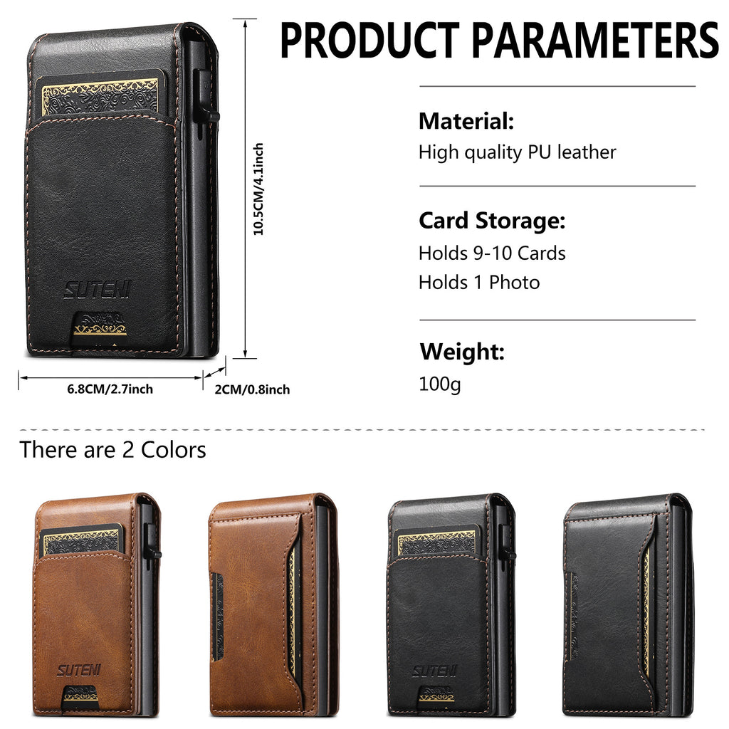 Flip-top card slot, photo frame wallet, button, portable card holder, automatic card ejection, PU leather.