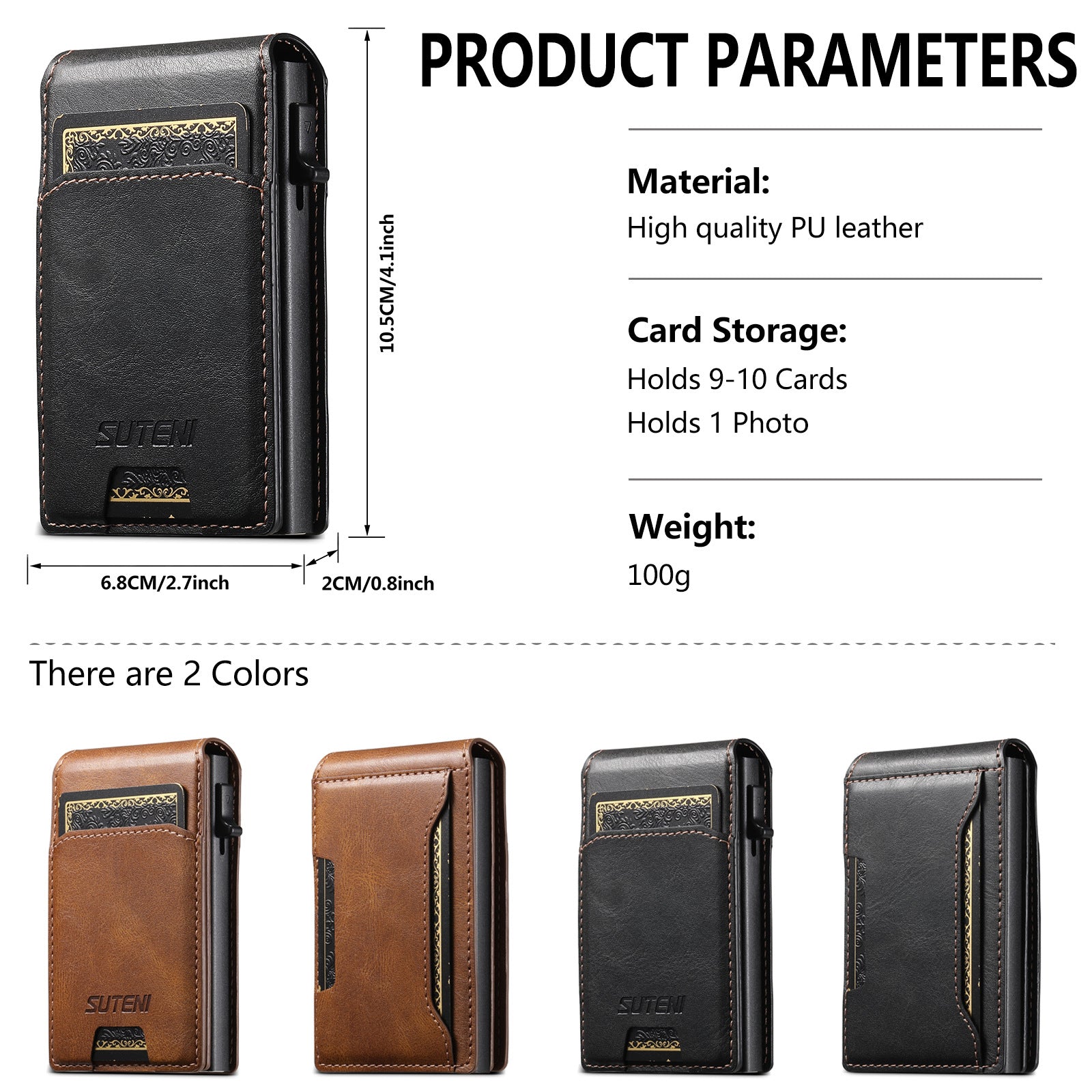 Flip-top card slot, photo frame wallet, button, portable card holder, automatic card ejection, PU leather.
