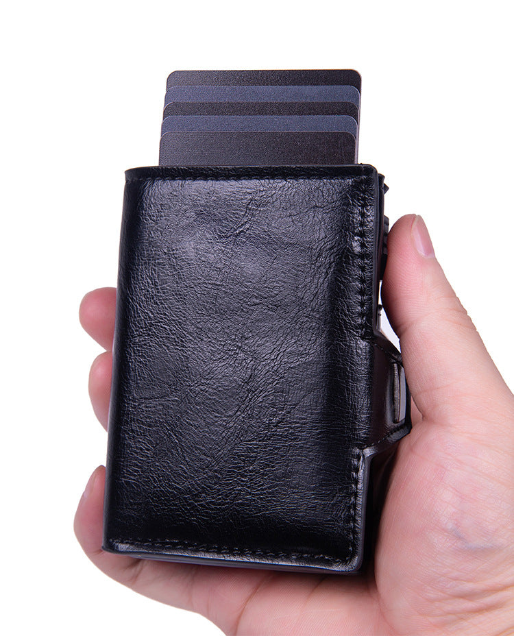 RFID anti-theft leather card holder, men's multi-card slot aluminum alloy automatic pop-out card holder.