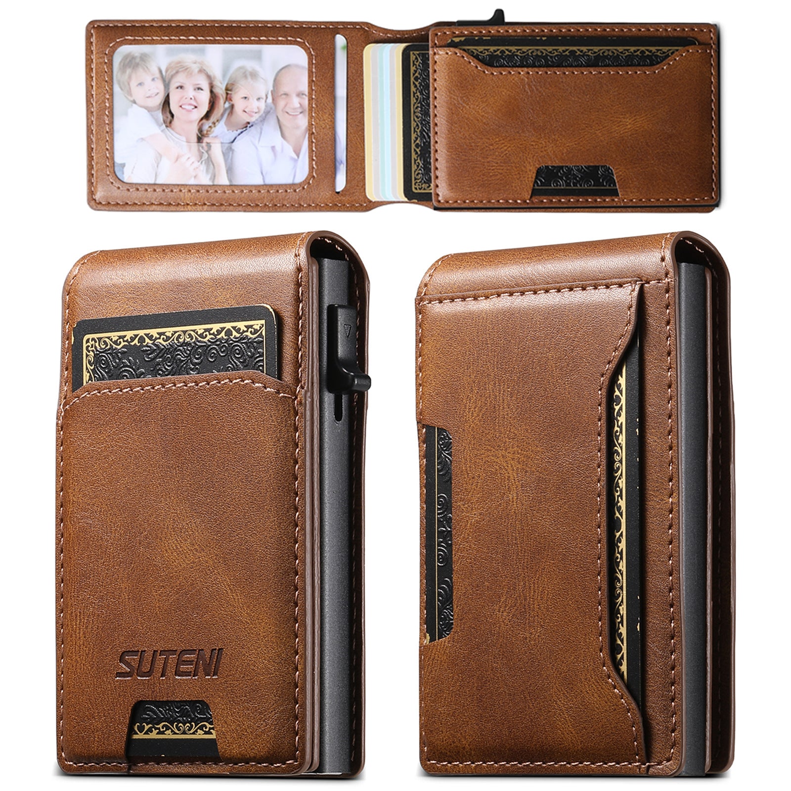 Flip-top card slot, photo frame wallet, button, portable card holder, automatic card ejection, PU leather.