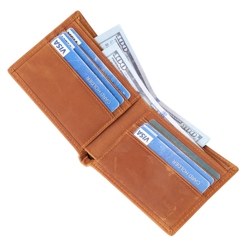 Anti-magnetic, anti-theft, RFID, men's retro crazy horse genuine leather wallet, purse, card holder, ultra-thin horizontal style