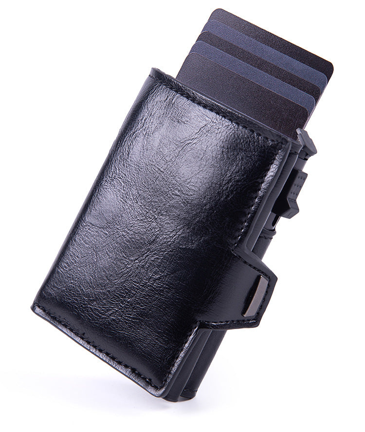 RFID anti-theft leather card holder, men's multi-card slot aluminum alloy automatic pop-out card holder.